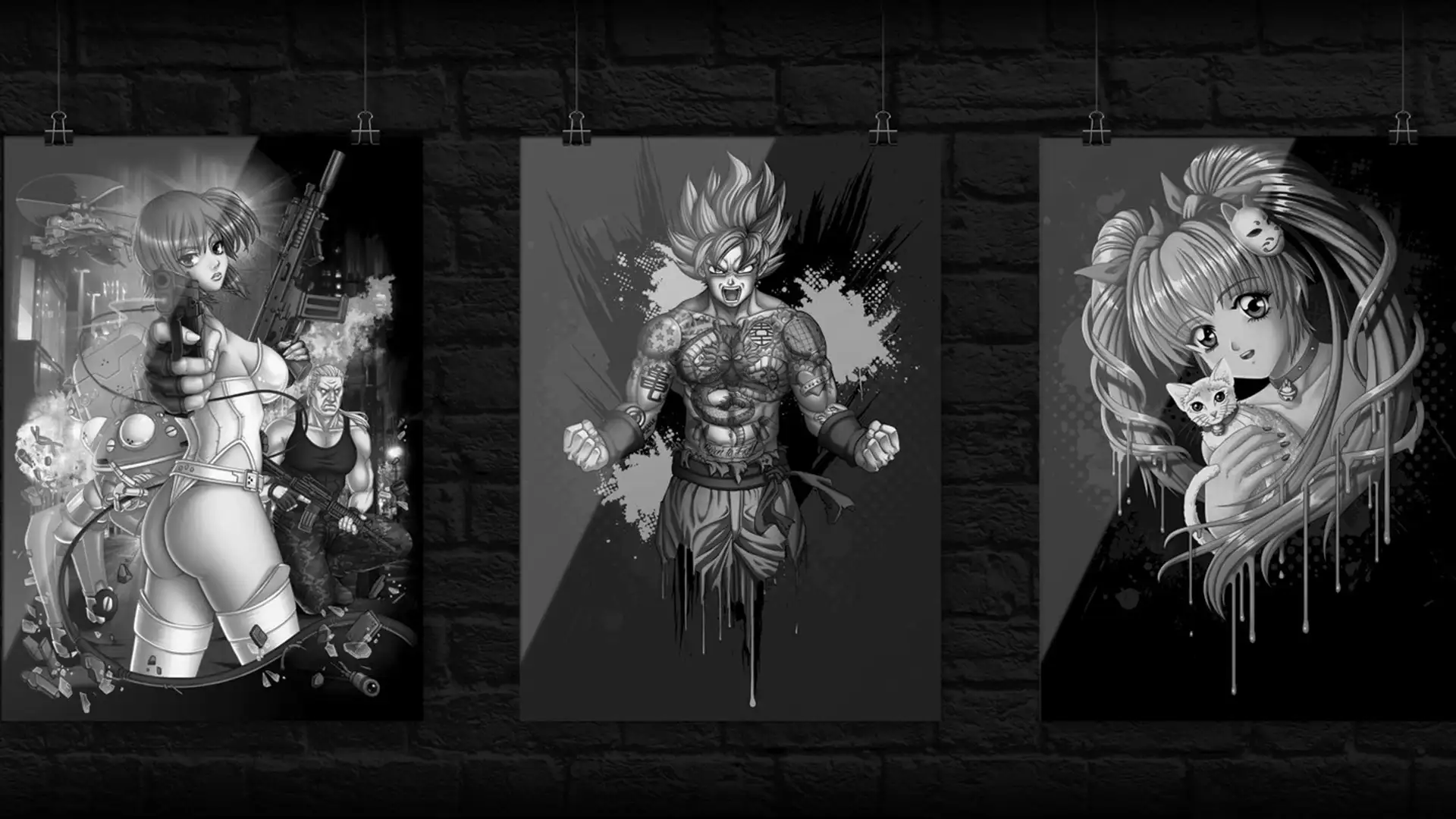 Three Artworks by Ben Krefta - Ghost in the Shell, Tattooed Goku and Anime Cat Girl